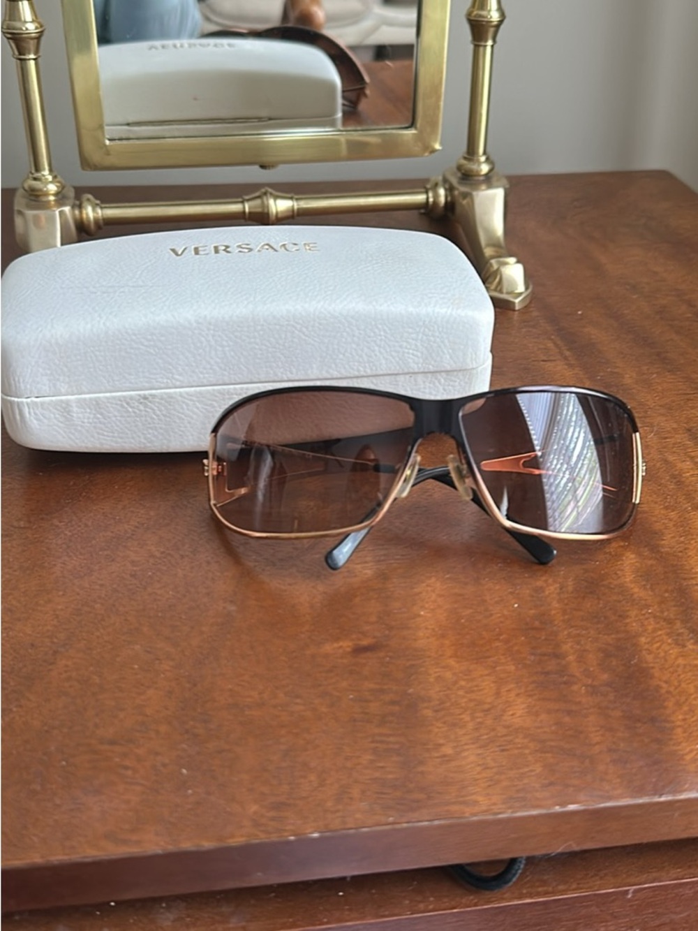 Versace Men’s Black and Brown Aviator Sunglasses with Gold Accents
